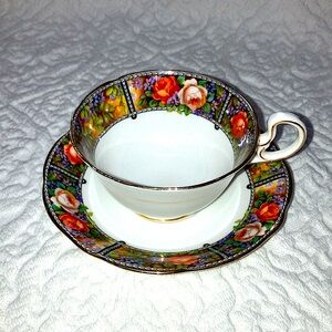 Vintage Aynsley art deco floral tea cup & saucer, floral roses, pink-red, green